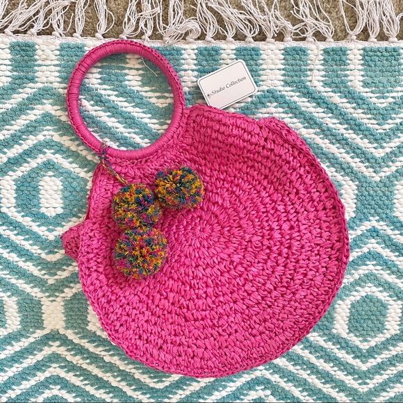 Studio Collections Handbags - Boho Beach Pink Straw Pom Pom Circle Bag